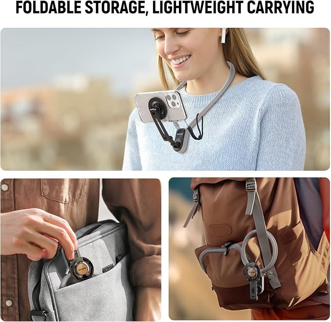 NEEWER Magnetic Neck Holder for Action Camera Phone Hands Free Neck Tripod Chest Mount Compatible with GoPro DJI Insta360 iPhone Android Phone Holder for POV Vlog, Gray, GP16 - Image 7