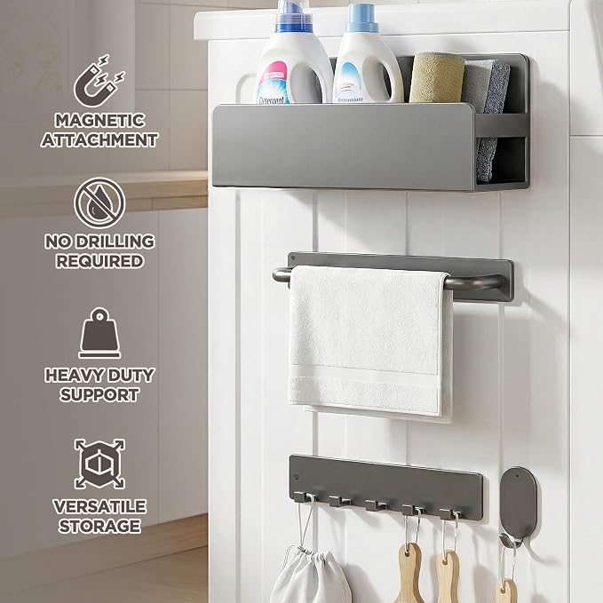 4 Pack Magnetic shelf with Hooks, No Drill for Kitchen & Laundry Organizer | 4-Piece Fridge Side Storage Solution with Basket, Hooks & Rack, Space Saving Organizer for Apartments - Image 8