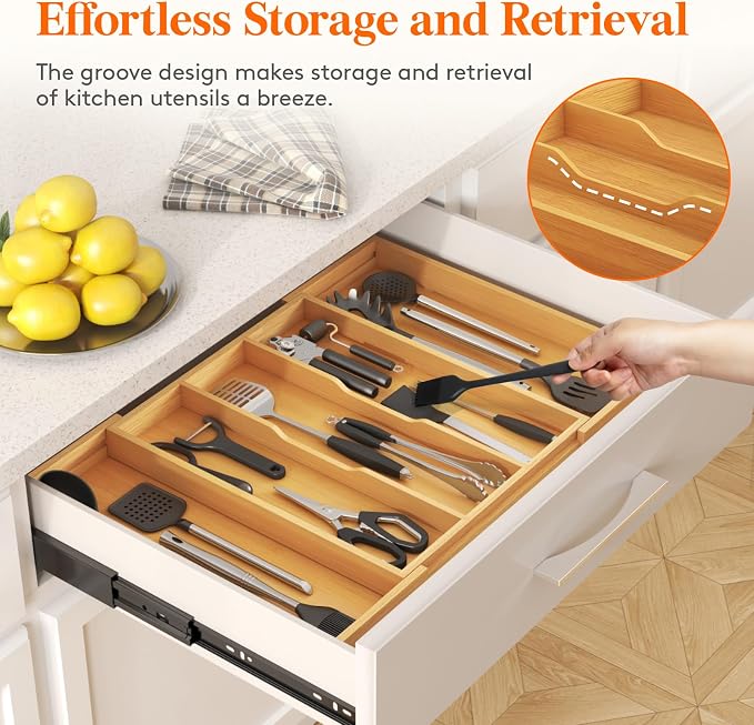 Lifewit Bamboo Utensil Organizer for Kitchen Drawer, Cooking Utensil Tray | Expandable Cutlery Silverware Flatware Holder, Wood Adjustable Spatula Tools Storage Divider, 15.6-28 x 18.5", Natural - Image 6