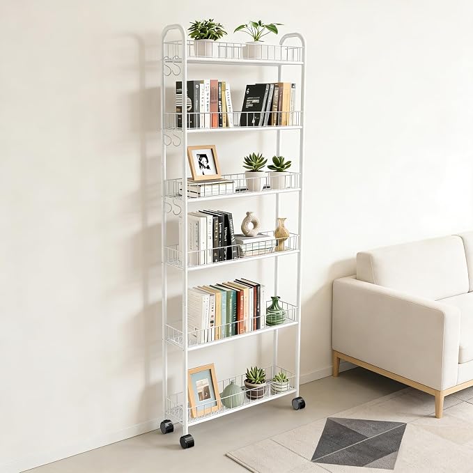 Slim Rolling Storage Cart with Wheels, 6in 6 Tier White | Narrow Space Shelving Unit, Metal Wire Mobile Organizer Rack for Kitchen Bathroom Office Laundry - Image 6