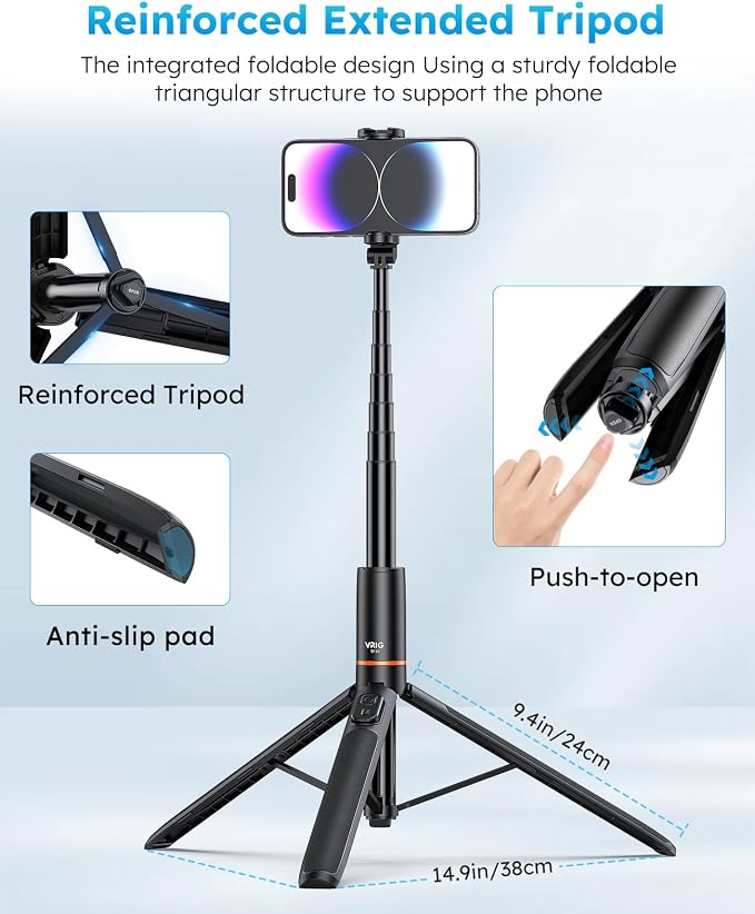 VRIG 63" Phone Selfie Stick Tripod Cell Phone Tripod with Wireless Remote | Extendable Portable Adjustable Tripod Stand for Recording Travel, Compatible with iPhone17 16 15 Android Camera - Image 5