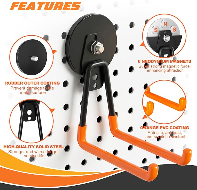 Heavy-Duty Storage Magnetic Hooks，No Need for Drilling, with Anti-Slip Coating, Suitable for Garages, Workshops, Kitchens, Storage Cabinets, RVS, Garden Tool Storage (Orange 3 pro) - Image 4