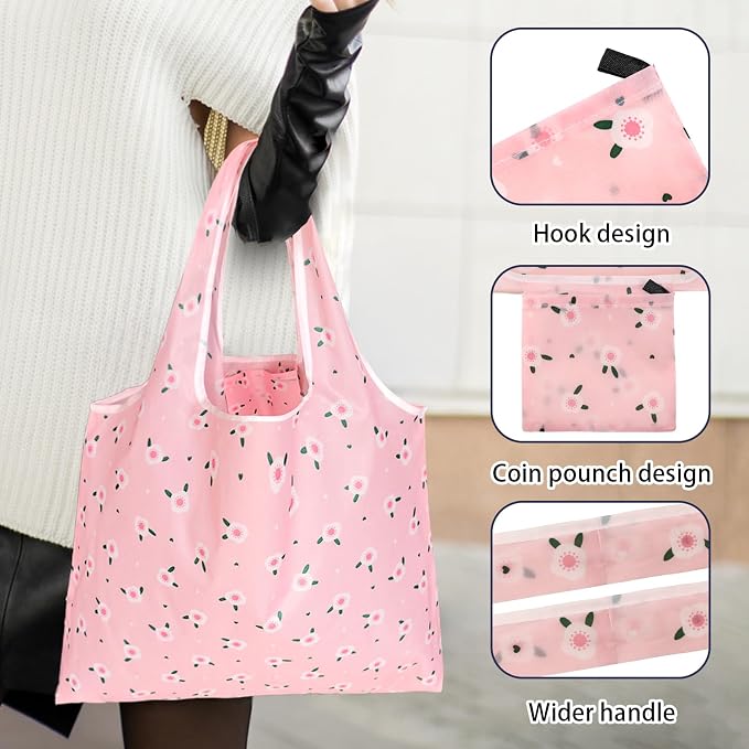 4 Pcs Reusable Grocery Bags, Foldable Shopping Bags Heavy Duty, Large Nano Bag Cute Tote Bag for Daily Shopping, Waterproof and Machine Washable (Flowers) - Image 2