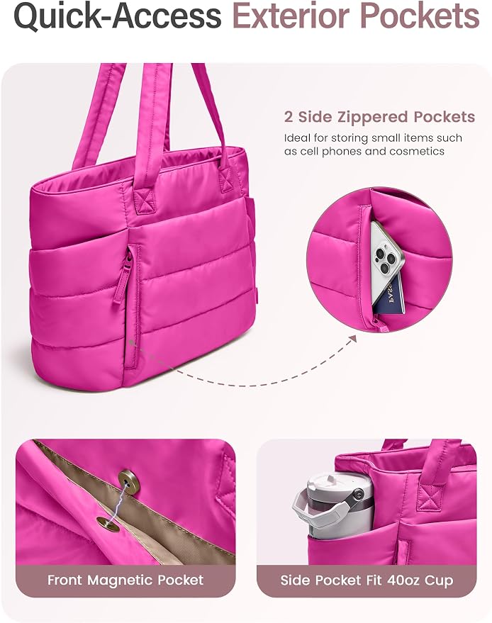 Uselike Tote Bag for Women with Zipper, Quilted Puffer Tote Bag with Compartments, Lightweight Puffy Work Bags for Women - Image 4