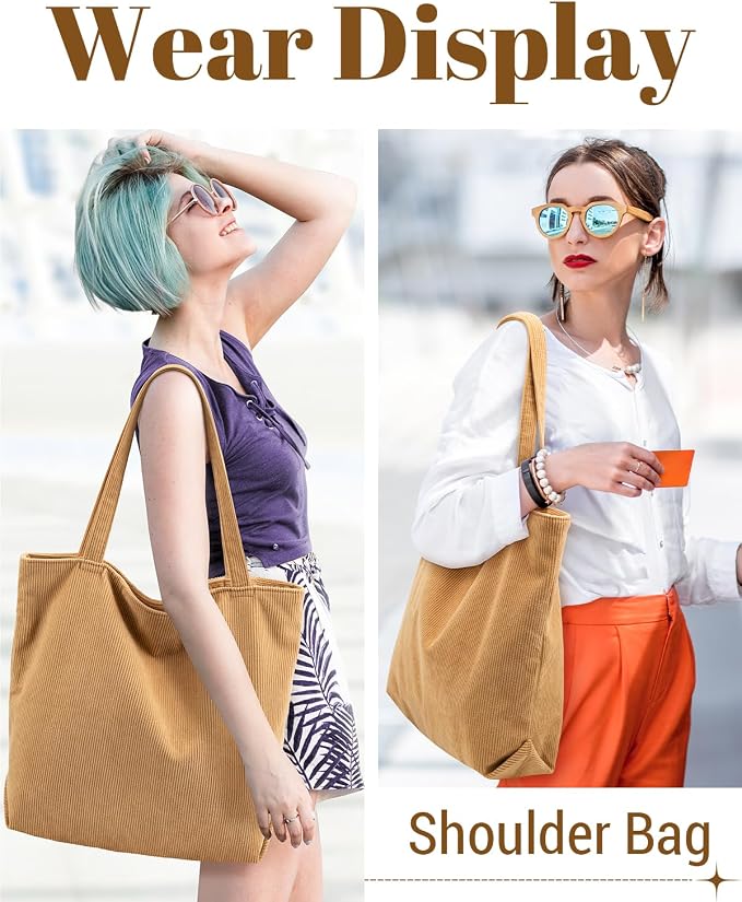 Iioscre Corduroy Tote Bag for Women,Hobo HandBags with Zipper | Large Capacity Casual Shoulder Bag with Inner Pockets for Shopping Work Daily Travel. - Image 5
