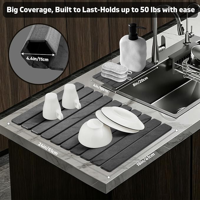 Large Stone Dish Drying Mat for Kitchen Counter, Quick Dry Dish Drying Mats, Foldable Absorbent Diatomaceous Earth Mats for Plate Rack Bottles Cups, Match Any Countertop (Gray Marble 24"×16" & 8"x4") - Image 3