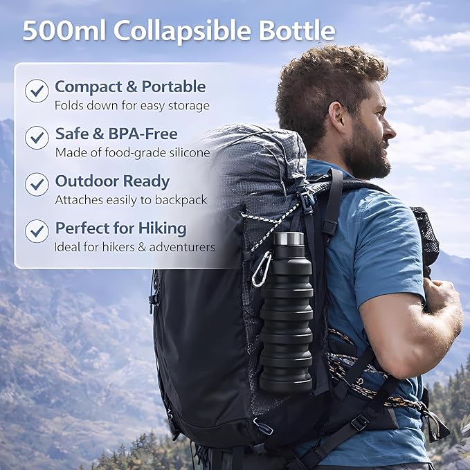 Collapsible Water Bottles,16oz Capacity Portable Reusable Silicone Water Bottle,Leak-proof,with buckle,foldable storage,Lightweight Durable for Fitness,Cycling,Sports,Camping,Hiking (Black+Blue) - Image 6