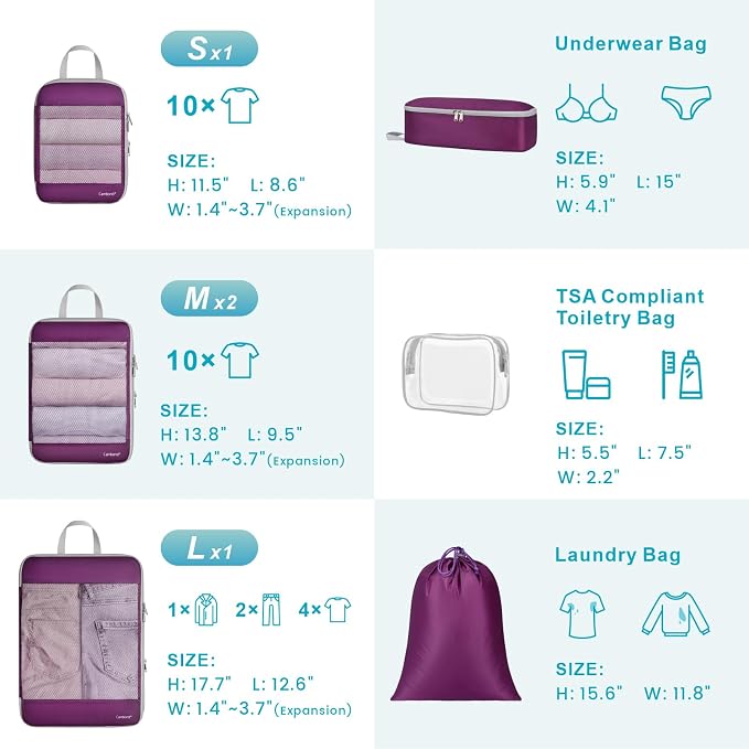 Cambond Mesh Compression Packing Cubes for Travel - 7 Set Organizes, Purple | With Underwear Laundry Makeup Bag, Keep Clothes Sorted, See Through Mesh, quickly find what you need, Compression Zip Design - Image 6