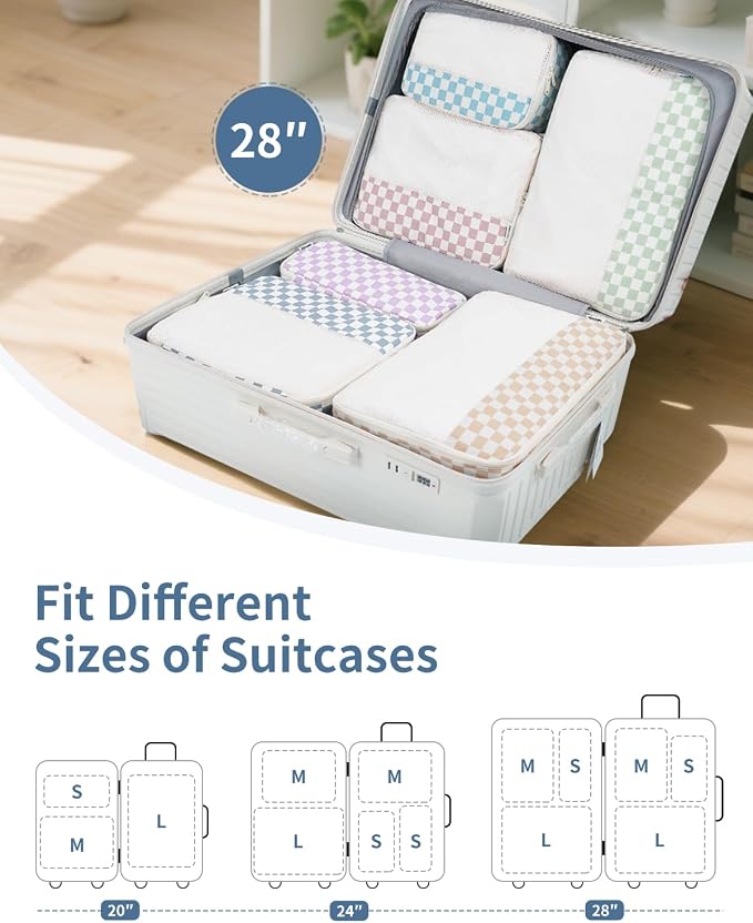 Narwey 7 Set Checkered Packing Cubes for Travel Kids Women, Durable Packing Organizer Bags for Carry on Suitcase Luggage Travel Essentials Accessories (Combined Checkerboard) - Image 2