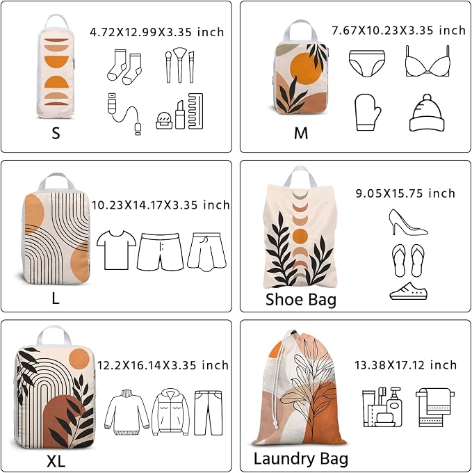 6 Pcs Compression Packing Cubes Waterproof Suitcase Travel Bag Luggage Backpack Organizer Travel Cubes for Packing-Bohemian - Image 2