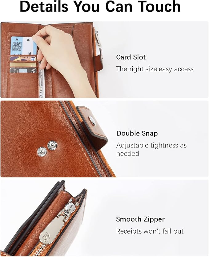 BOSTANTEN Womens Leather Wallet RFID Large Capacity Credit Card Holder | 20 Card Slots, Phone Holder, Zipper Coin Pocket, Clutch Wallet, Long Bifold, Ladies Gifts, Brown Orange - Image 6