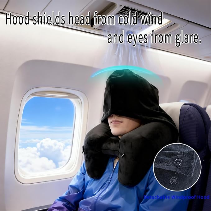 H-Shaped Travel Pillow with Snap-On Hood – Ergonomic Neck Support with Plush Velvet Cover, Instant Inflation & Compact Bag – for Airplane, Car, Office & Long Trips (Black) - Image 5