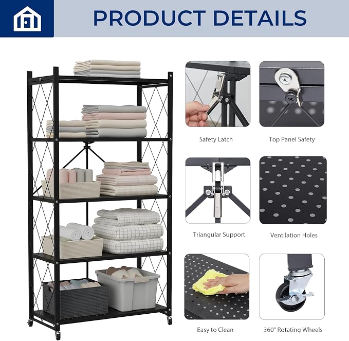 5 Tier Foldable Storage Shelf with Wheels, Heavy-Duty Metal Shelving Unit, No Assembly Book Shelf Rolling Storage Rack for Garage, Kitchen, Pantry, Closet, Exhibition, Office Decor, Black - Image 4
