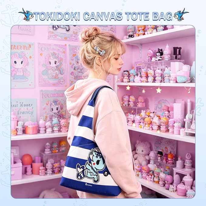tokidoki Unicorno Foldable Tote Bag for Women, Canvas Tote Bags with Doll Portable Shoulder Handbag for school Work Travel - Image 2