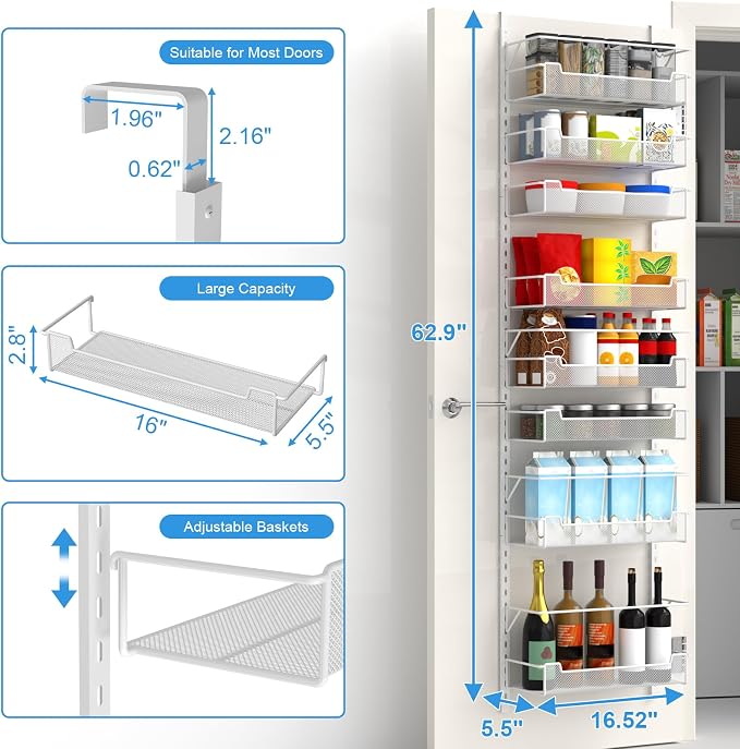 VyGrow Over the Door Pantry Organizer, 8-Tier Over the Door Organizer with Adjustable Basket, Pantry Door Organization for Pantry Kitchen Storage Room Spice Rack, White - Image 3