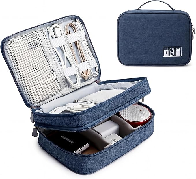 Lanola Travel Cable Organizer Bag, Electronic Accessories Case Portable Double Layer Cable Storage Bag for Cord, Charger, Flash Drive, Phone, SD Card,Personal Items - (Dark Blue) by Lanola