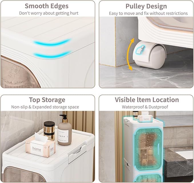 3 Tier Slim Bathroom Storage Cabinet, Foldable and Movable, Beige | Tools Free, ABS and PET, Magnetic Clear Door, Adjustable Shelves, Lockable Wheels, Water Resistant, For Narrow Space - Image 5