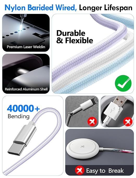 1Pack Travel Essentials for Apple Watch Charger,3-in-2 Multi Charging Cable | Cruise Vacation Camping Essentials for iPhone Charger,Type C/Lightning for iWatch,iPhone 17-12,Xbox Series X&S-4FT Purple - Image 5