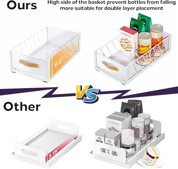 4Pack Pull out Cabinet Organizer,Heavy Duty Slide out Pantry Shelves Drawer Storage with Adhesive Nano Film,Sliding Mesh Basket with Handle for Kitchen, Bathroom, Home, 11.8W" X 15.7"D X 6.2"H,White - Image 4