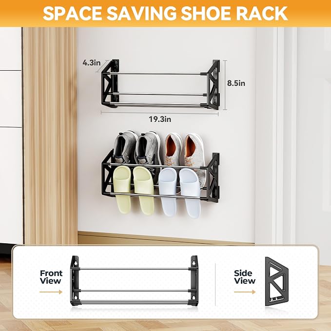 3 Pack Wall Mounted Shoe Rack, No Drill Adhesive & Screw 2-in-1 Holds 12 Pairs, Space-Saving Vertical Storage for Entryway, Bathroom & Kitchen, Renter Friendly Fits Tile Marble Glass Wood Wall (Black) - Image 2