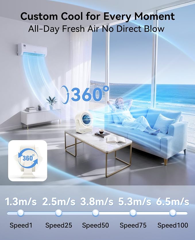DIGIX Portable Desk Fan, 100 Speeds, 360° Rotation, USB Rechargeable | Quiet LED Display Table Fan with Wall Mount Design. Small Personal Cooling Fans for Home, Bedroom, Office & Travel, White - Image 4