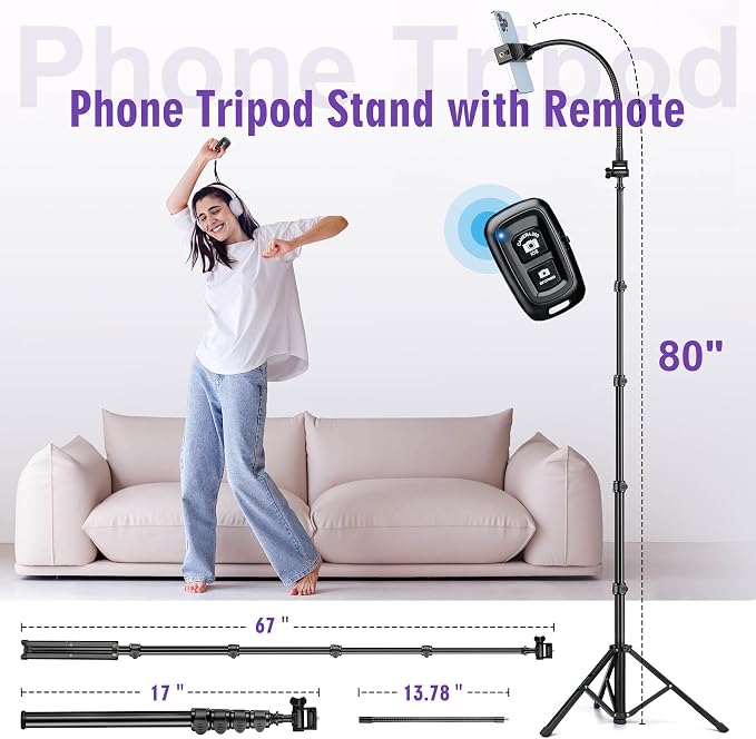 80" Phone Tripod, Selfie Stick, Aluminum Cellphone Tripod Stand | for Video Photo Vlog, Travel Tripods with Gooseneck Remote Phone Holder, Compatible with iPhone Android Smartphone - Image 6