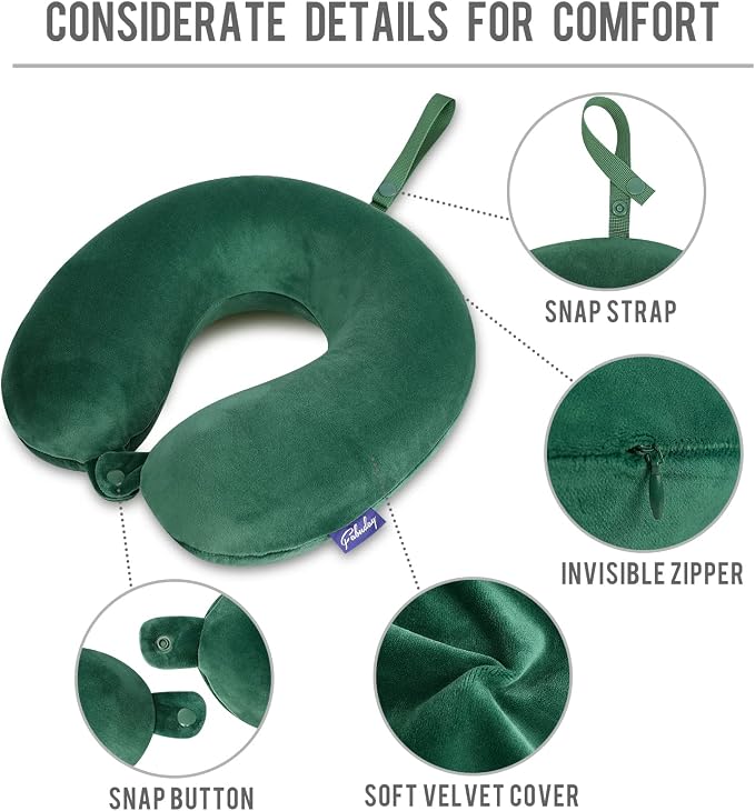 Neck Pillow for Travel Memory Foam - Travel Pillows for Sleeping Airplane with Attachable Snap Strap Soft Washable Cover, Flight Pillow for Traveling, Car, Provide Head Neck Support Dark Green - Image 6