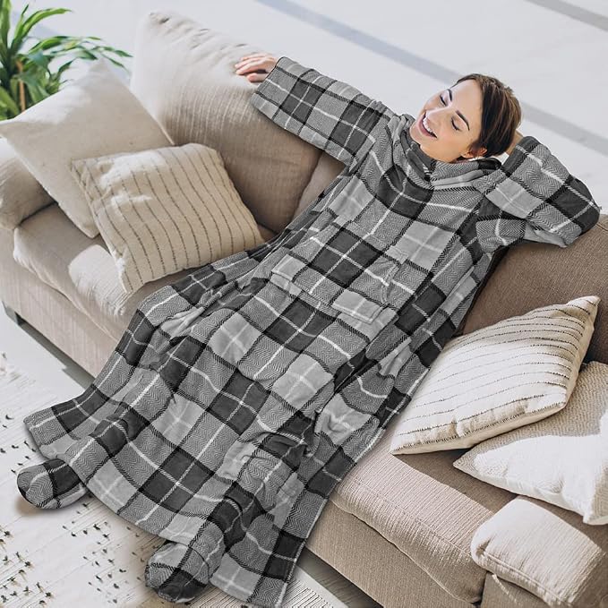 PAVILIA Fleece Blanket with Sleeves, Foot Pockets for Women Men Adults, Plush Wearable Blanket Throw Wrap, Warm Snuggle Blanket Robe, Cozy Gift Ideas Wife Mom, Plaid Dark Gray - Image 3