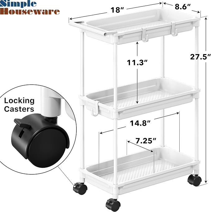 SimpleHouseware Standard 3-Tier Slim Rolling Storage Cart, White - Image 3
