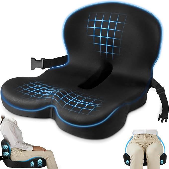 Truck Seat Cushion, Memory Foam Trucker Seat Cushion for Truck Driver Long Sitting with Adjustable Strap, Back Support and Pain Relief for Trucker Driving Office Chair and Pain, Black by MYFAMIREA