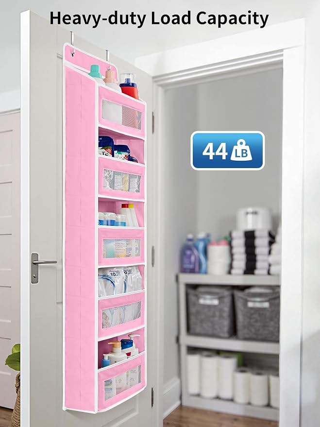 JARLINK Over the Door Organizer for Pantry, Bathroom, 5 Shelf Pink, 2 Pack | Anti-Tilt Design, 44 lb Load Capacity, Hanging Door Organizer with 5 Large Capacity Pockets, Behind Door Storage for Nursery - Image 6