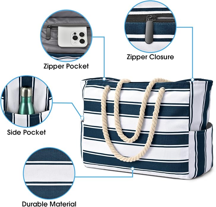 Becokan Beach Bags for Women Large Waterproof Beach Tote Bag Zipper Beach Bags Waterproof Sandproof Swim Pool Bag Large Tote - Image 4