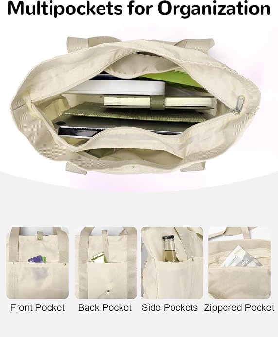 Foldable Tote Bag with Zipper for Women, 18L Nylon Lightweight Shoulder Handbag for Travel, Waterproof Beach Bag - Image 5