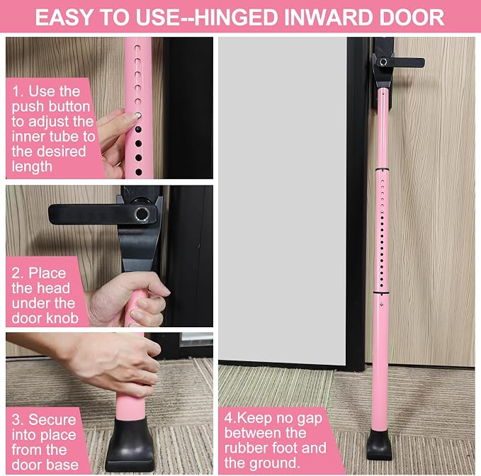 Rerishom 2 Pack Door Security Bar, Heavy Duty Door Stopper Jammer, Pink | Locking Security Bar for Door, Adjustable Home Security Barricade for Apartment, Hotel Room and Screen Door - Image 6