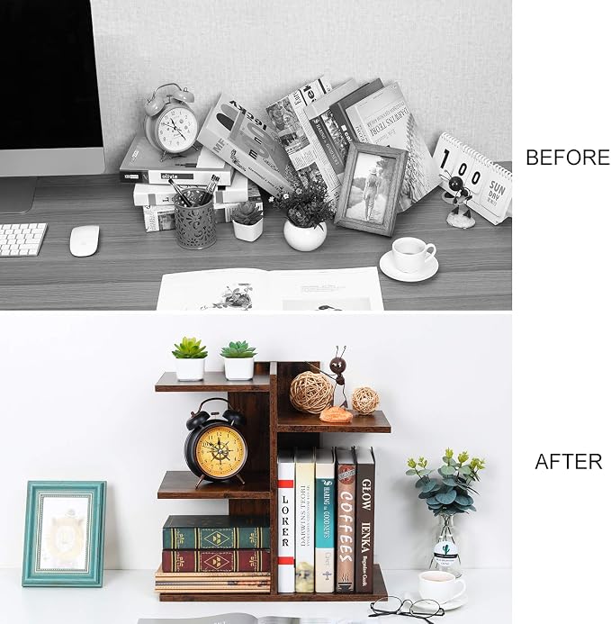 Wood Desktop Shelf Small Bookshelf Desk Supplies Organizers and Accessories Storage Display Rack Office Decor for Women, Antique Brown - Image 5