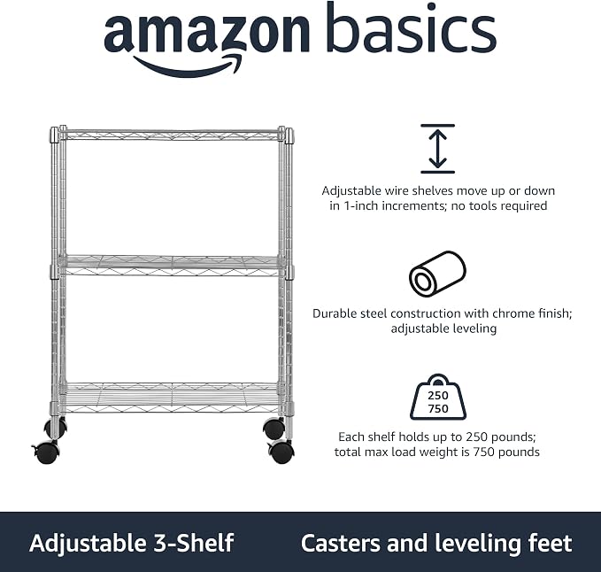 Amazon Basics 3-Shelf Heavy Duty Adjustable Wire Shelving Storage Rack on 2" PP Plastic Wheel Casters, Steel Utility Shelving Unit for Garage and Laundry Room, 23.2" x 13.4" x 32.75", Chrome - Image 3