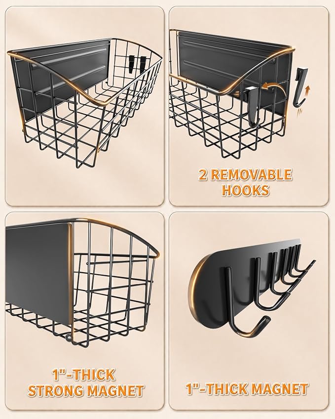 2Pack Magnetic Shelf for Refrigerator with 2 Moveable Hooks and 1 Hook Rack | Strong Magnetic Spice Rack for Kitchen Storage, Fruit Potato Onion Storage Shelves, Large Magnetic Basket Organizer - Image 6
