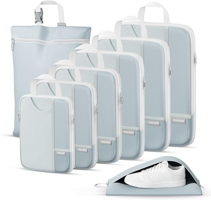 Percover Compression Packing Cubes for Travel, 8-Piece Structured Compression Organizer Set with Laundry Bag & Shoe Bag for Carry-On & Checked Luggage, Slate Blue by Unknown