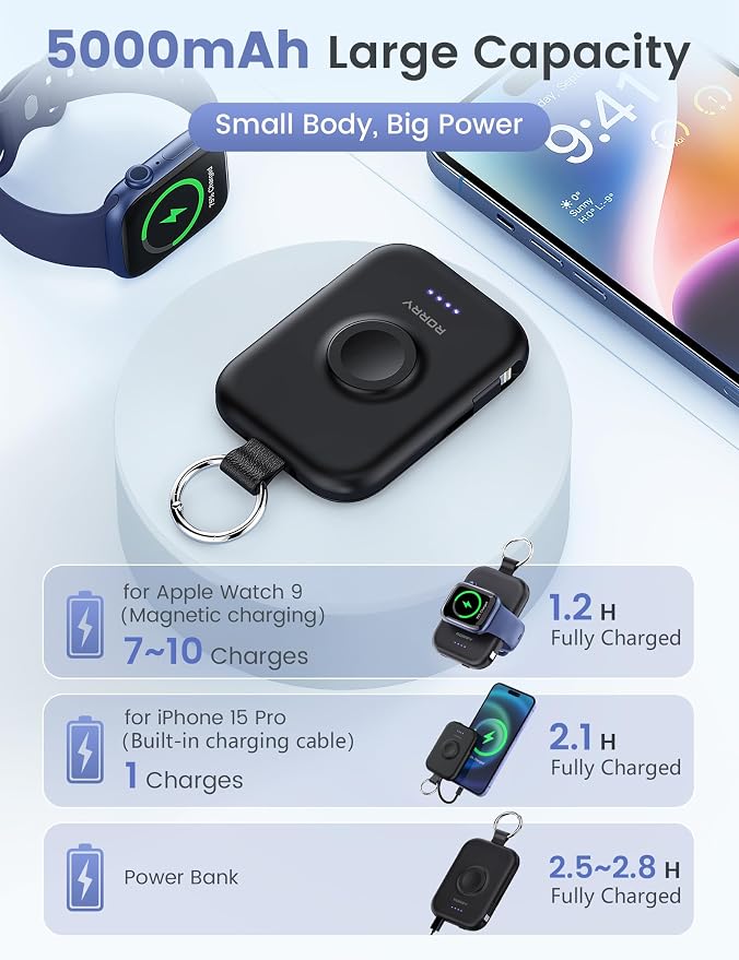 RORRY CharmGo Portable Charger, 5000mAh Portable Charger Power Bank | Built-in Cables,Travel Keychain Battery Pack Essentions for Apple Watch 1~11 Series/Ultra/SE & iPhone Air/17/16/15/14/13/12 - Image 3