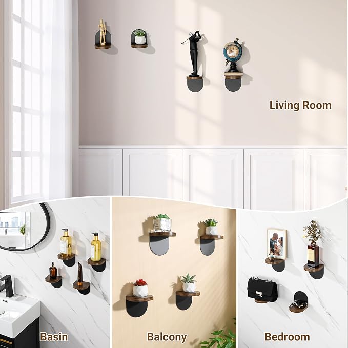 SAYAYO Small Floating Shelves for Wall Storage, 4 x 4 Inch Adhesive Shelves | Mini Shelf for Bedroom Decor, Display Wood Shelf Organizer with Black Base for Living Room, Office, Balcony, 4 PCS - Image 6