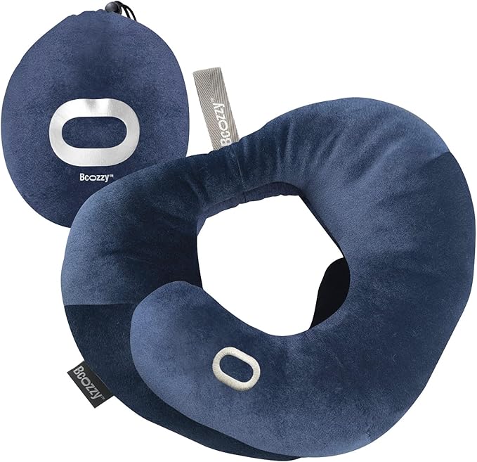BCOZZY Flat Back Travel Neck Pillow – Patented Neck Pain Relief & Support for Head, Neck, and Chin. Ideal for Airplanes, Long Flights, Car Rides. Adjustable, Washable, with Carry Bag. Large, Navy by BCOZZY