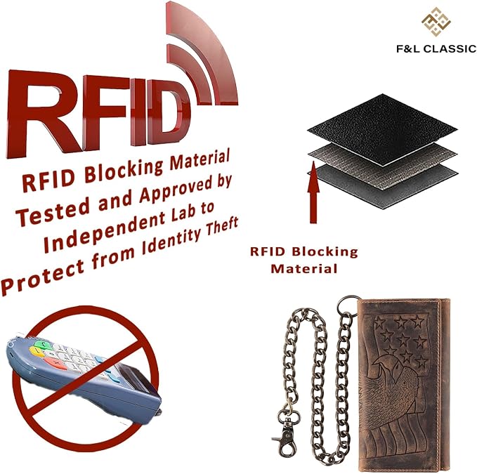 F&L CLASSIC RFID Blocking Mens Tri-fold Long Style Cowhide Leather Steel Chain Wallet,brown eagle/flag,212-101 - Image 7