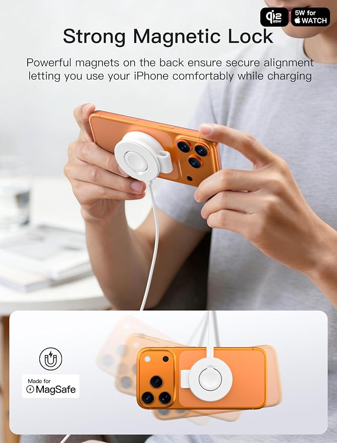 2 in 1 Magnetic Wireless Charger, Qi2 25W Fast Charging Travel Station Pad Compatible with MagSafe for iPhone Air/17/16/15/14/13/12, 5W for Apple Watch, AirPods 4/3/2/Pro with 30W Adapter(White) - Image 4