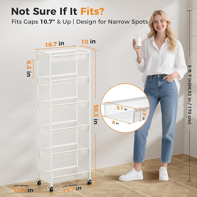 6 Tier Slim Storage Cart with Wheels, 10" D Rolling Storage Cart for Small Space, Metal Narrow Spice Cabinet Mobile Shelving Unit Organizer with Handle for Kitchen, Laundry - White - Image 2