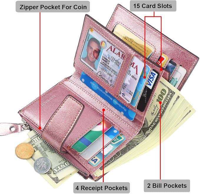 Small Compact Women Wallet RFID Blocking Genuine Leather Bifold Purse with ID Windows - Image 4
