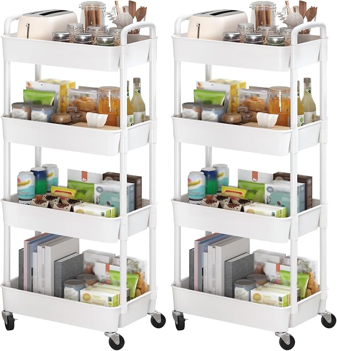 Sywhitta 4-Tier Plastic Rolling Utility Cart with Handle, Multi-Functional Storage Trolley for Office, Living Room, Kitchen, Movable Storage Organizer with Wheels, White (Pack of 2) by haseverythingyouneed