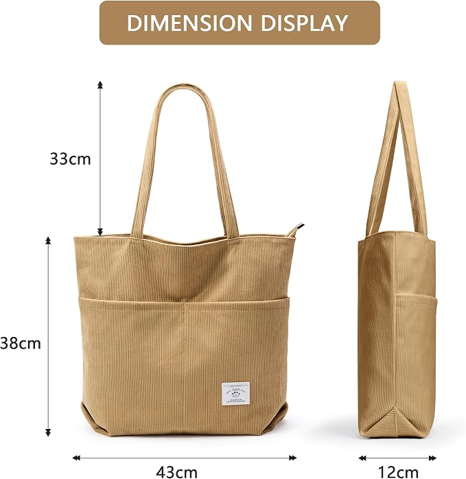 KALIDI Women Corduroy Tote Bag Zipper Casual Tote's Handbag Big Capacity Shoulder Bag with Pockets - Image 5