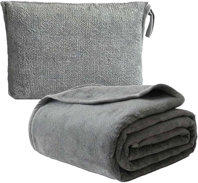 Travel Blanket Pillow, Soft Airplane Blanket 2-in-1, Travel Blanket Airplane Compact with Bag, Travel Essentials Accessories for Plane and Car,60x40 Grey by Seabeauty