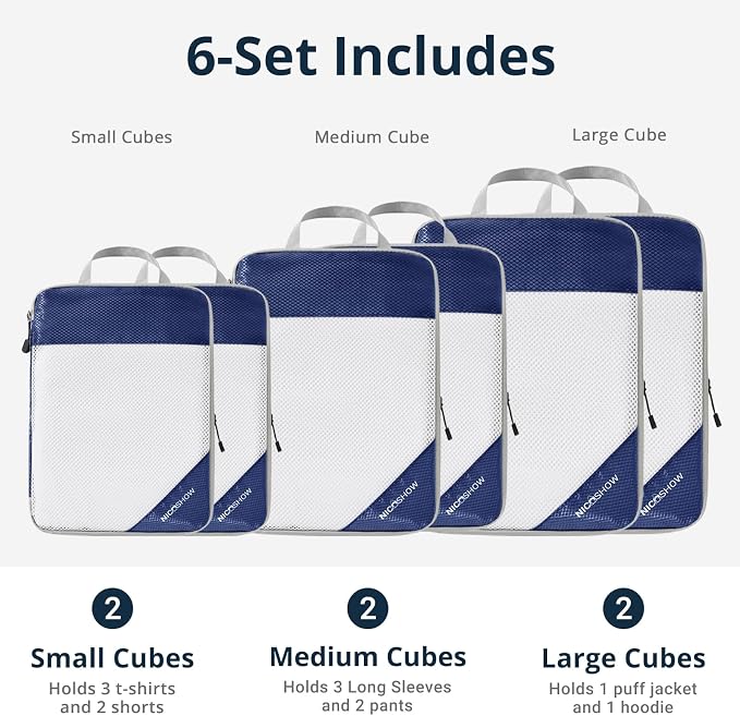 6 Set Compression Packing Cubes for Travel - Compressible, Lightweight, and Space-Saving Packing Cubes, Travel Essentials for Women, Navy - Image 3