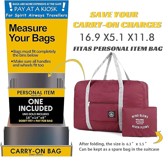 Foldable Travel Duffel Bag 2PCS Tote Carry on Luggage Bag Spirit Airlines Personal item Sports Gym Bag Water Resistant Weekender Overnight Bags for Women and Men (Pink+Red) - Image 6